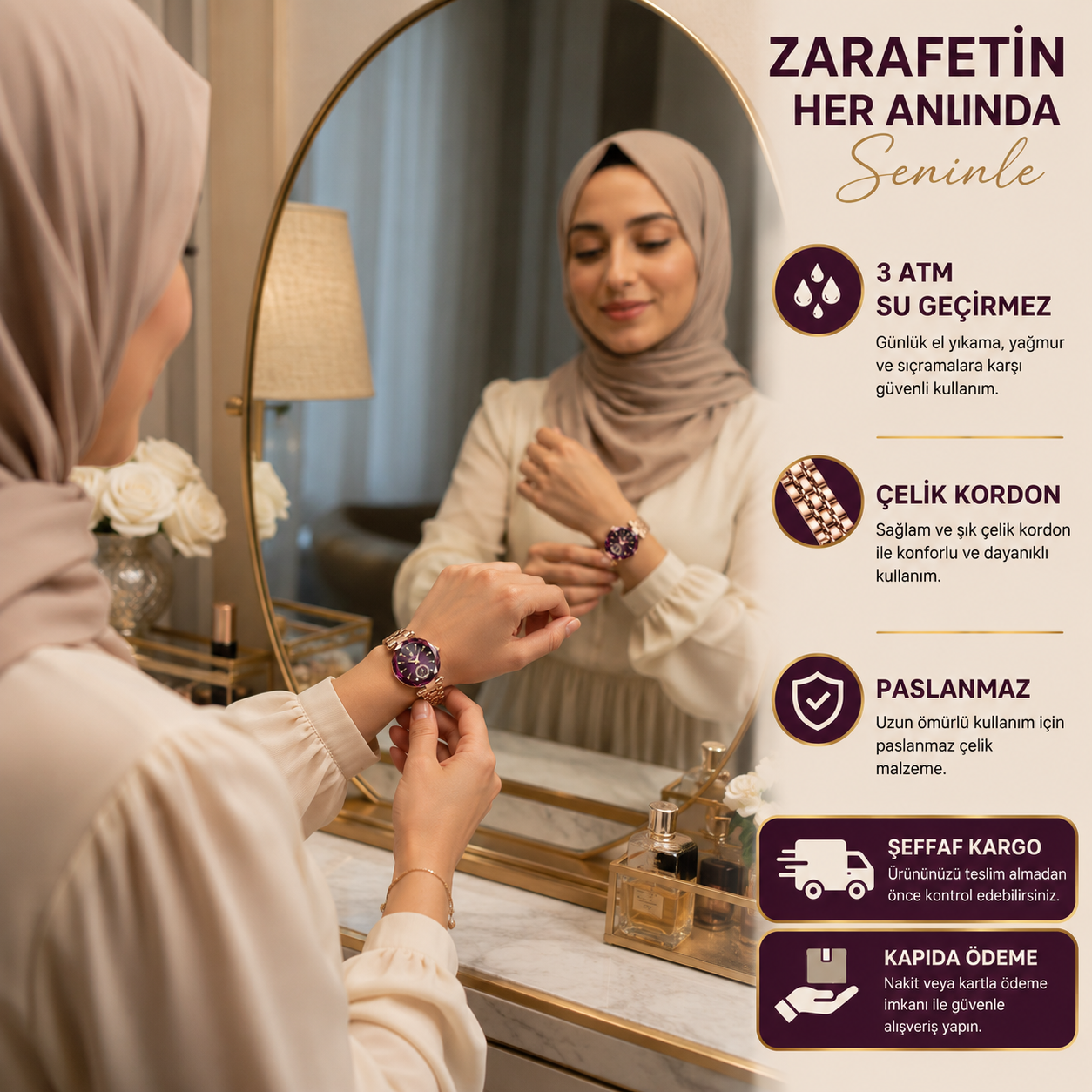 Poedagar™ Elegance Mor Kadran Gold Kasa Kadın Kol Saati