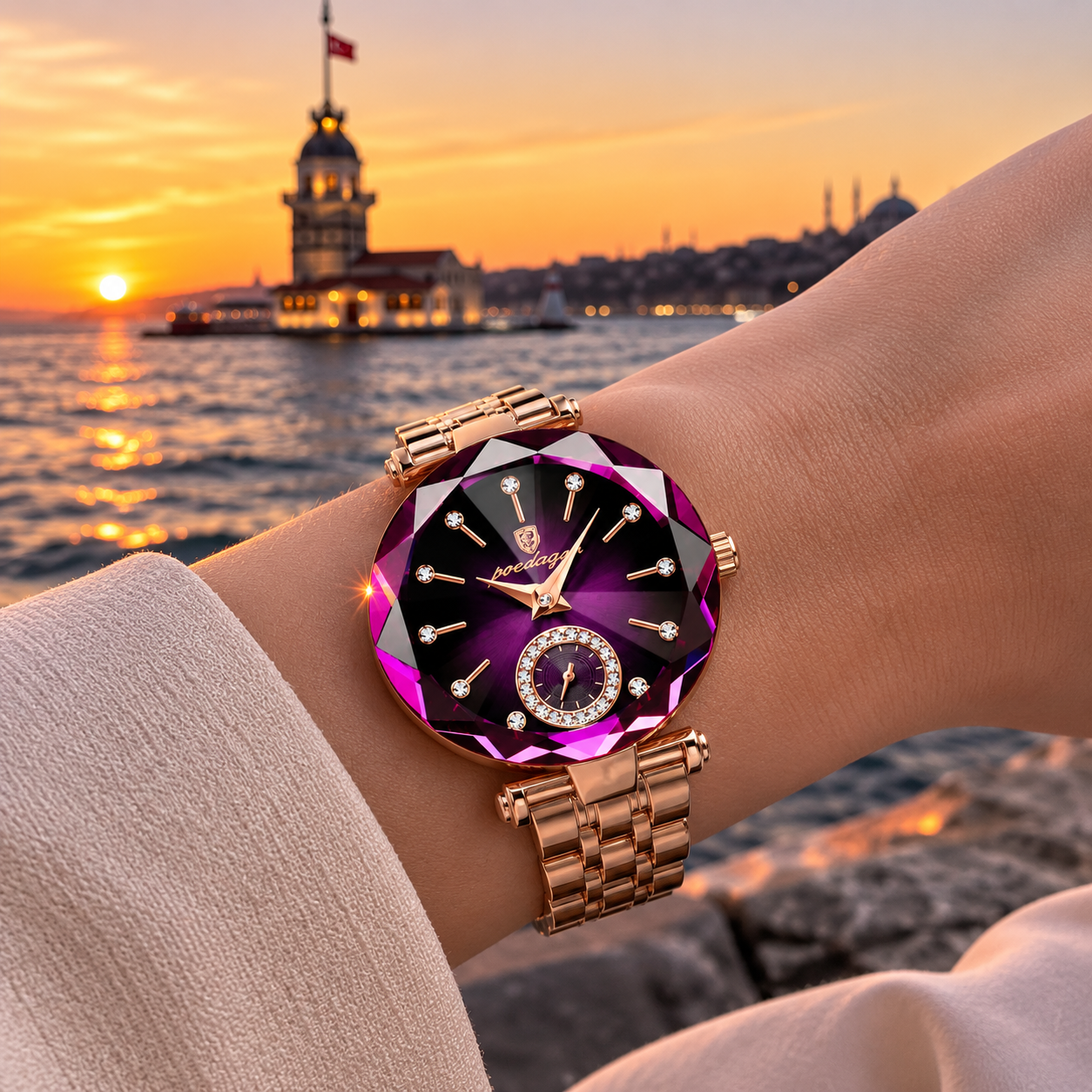 Poedagar™  Elegance Mor Kadran Gold Kasa Kadın Kol Saati
