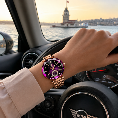 Poedagar™  Elegance Mor Kadran Gold Kasa Kadın Kol Saati